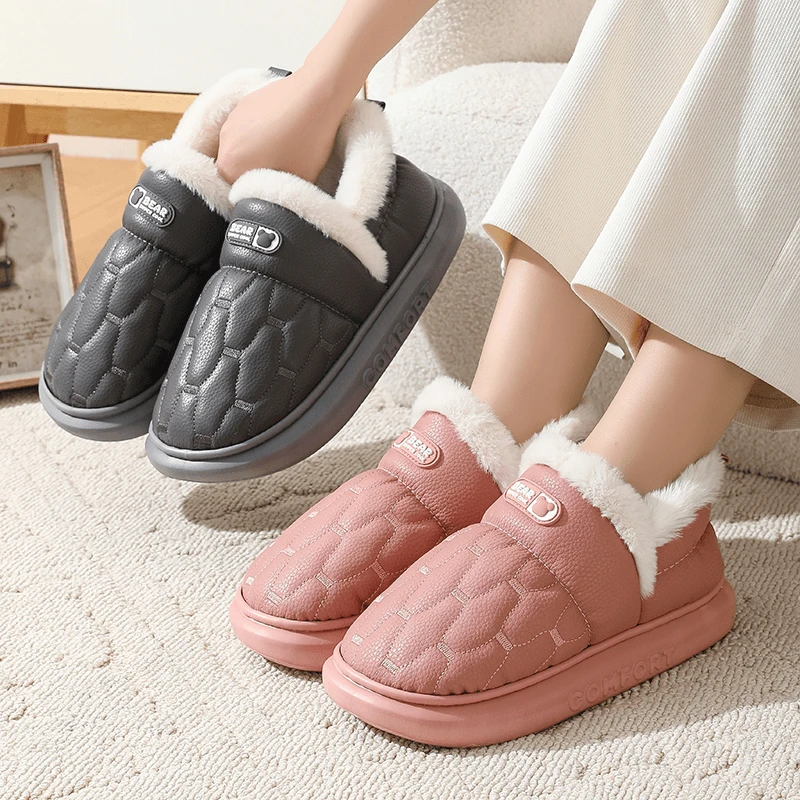 PU皮面包跟棉鞋冬天皮面棉拖鞋女居家防滑防水保暖室内外穿厚底男