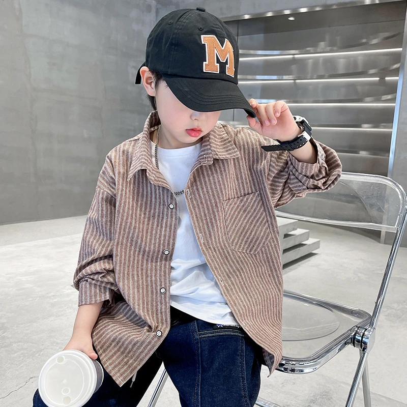 男童秋装复古条纹衬衫春秋款2025新款儿童秋季薄款外套衬衣大童潮