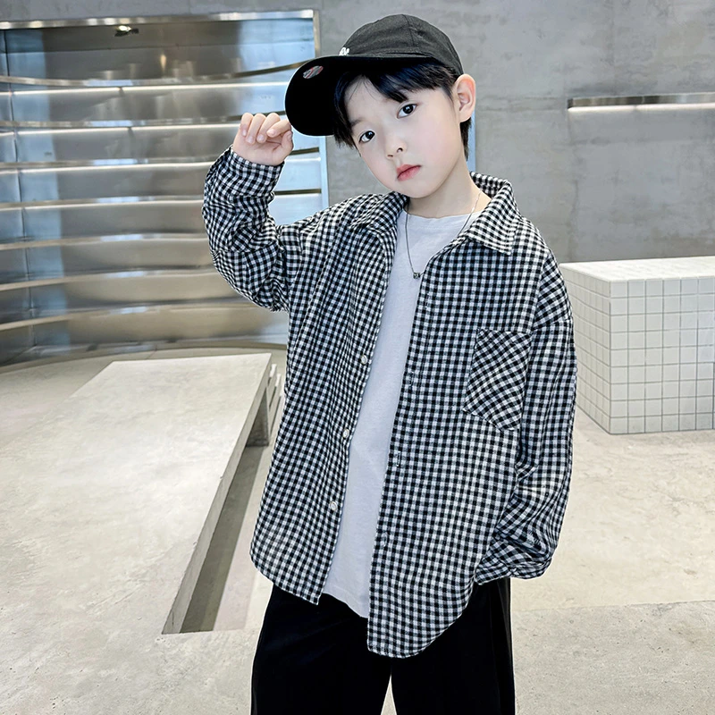 儿童装男童长袖衬衫春秋款2025新款格子洋气秋季中大童帅气衬衣潮