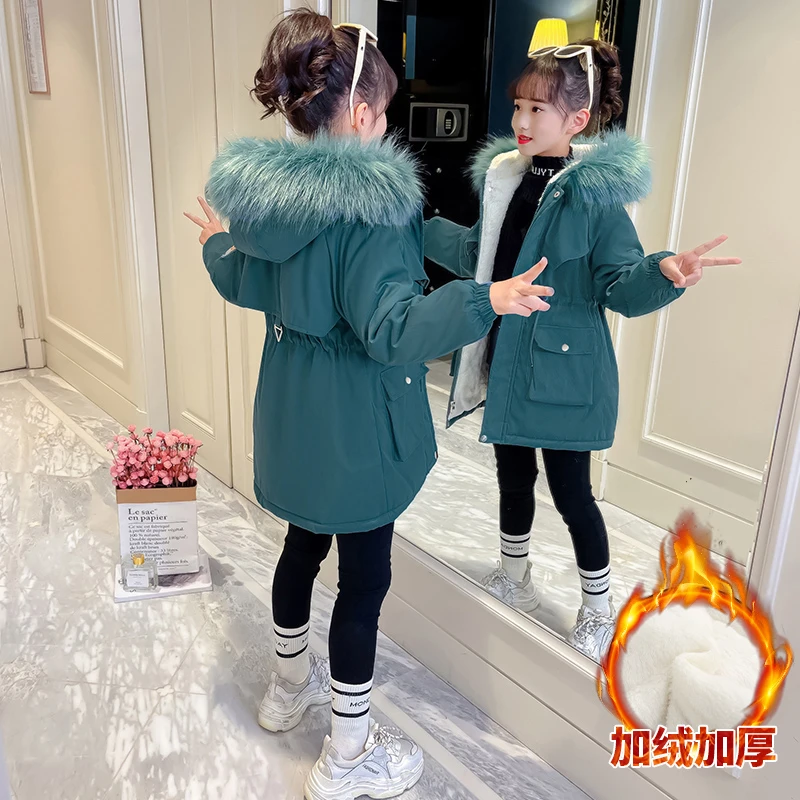 女童派克服加绒加厚2023秋冬新款中长款可收腰小女孩宝宝加绒外套