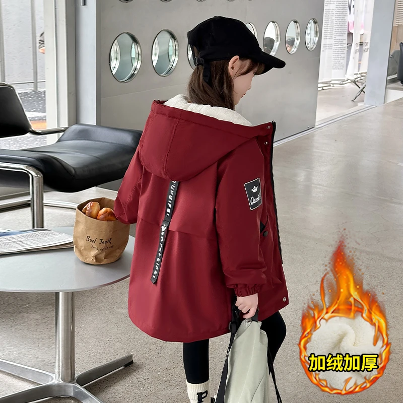 女童冬季儿童外套中大童连帽加厚风衣中长款保暖派克服加绒上衣潮