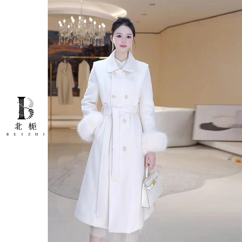 【北栀】小翻领双排扣带腰带毛呢大衣羽绒服813995