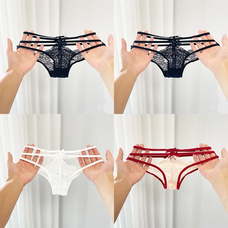 性感法式蕾丝网纱女士镂空薄款无痕低腰系带透气诱惑纯欲三角内裤