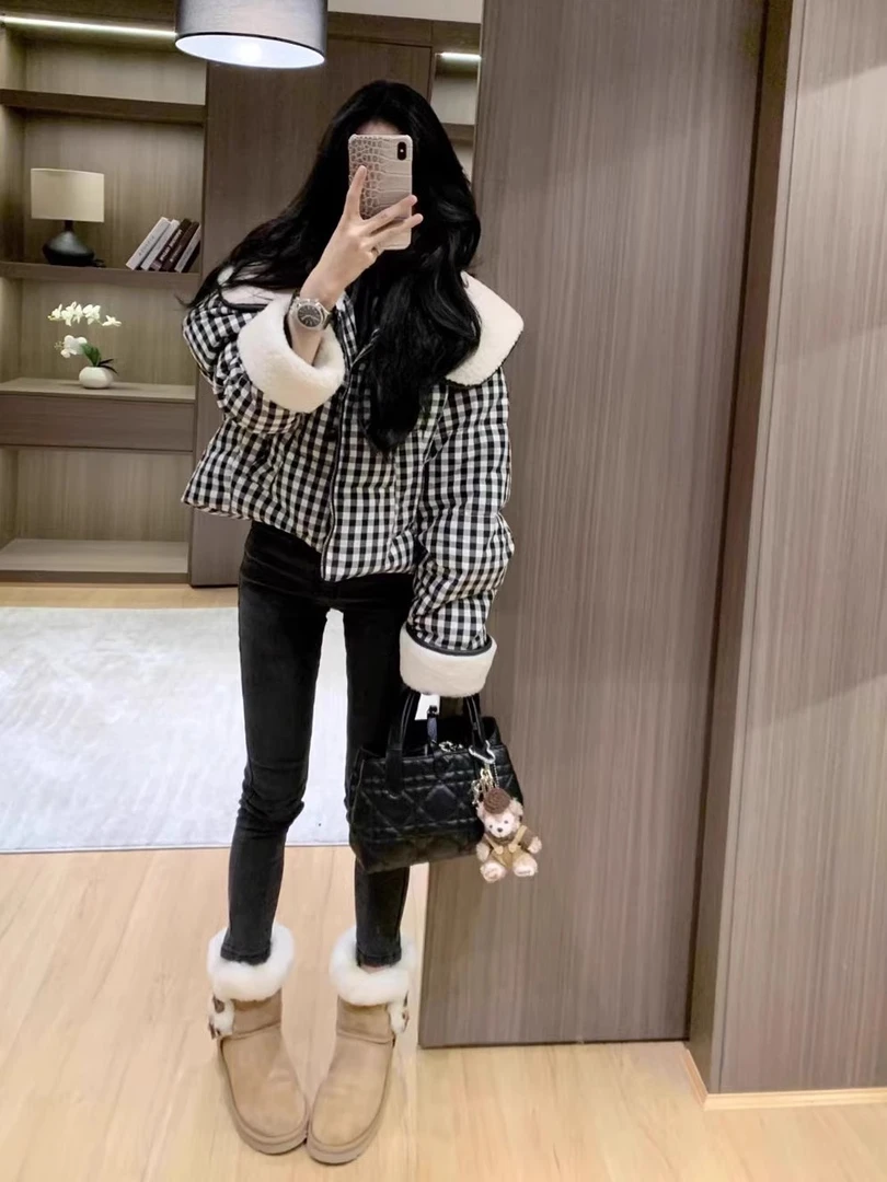 独特超好看短款棉服女2024冬季新款欧货高端洋气加厚保暖格子外套