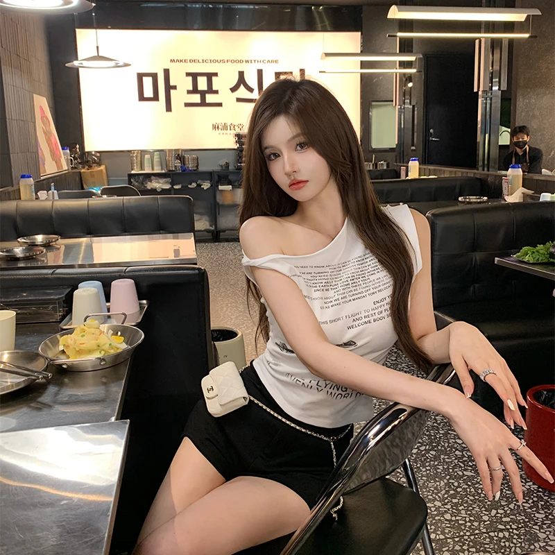 美式辣妹斜肩不规则短袖T恤女夏季新款字母印花修身显瘦百搭上衣