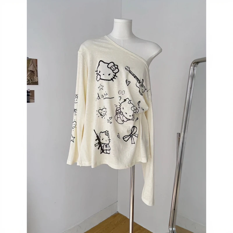 韩系慵懒风卡通印花薄款长袖T恤女秋冬季新款宽松百搭外穿上衣ins