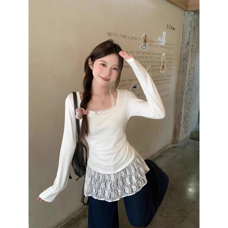 纯欲风假两件蕾丝挂脖长袖T恤秋冬新款韩系修身显瘦德绒百搭上衣