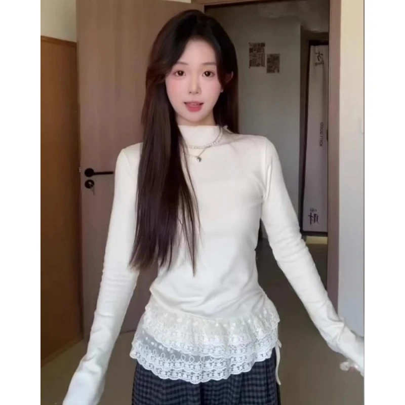 韩系纯欲双层蕾丝花边上衣女秋冬新款修身显瘦外穿百搭保暖T恤潮