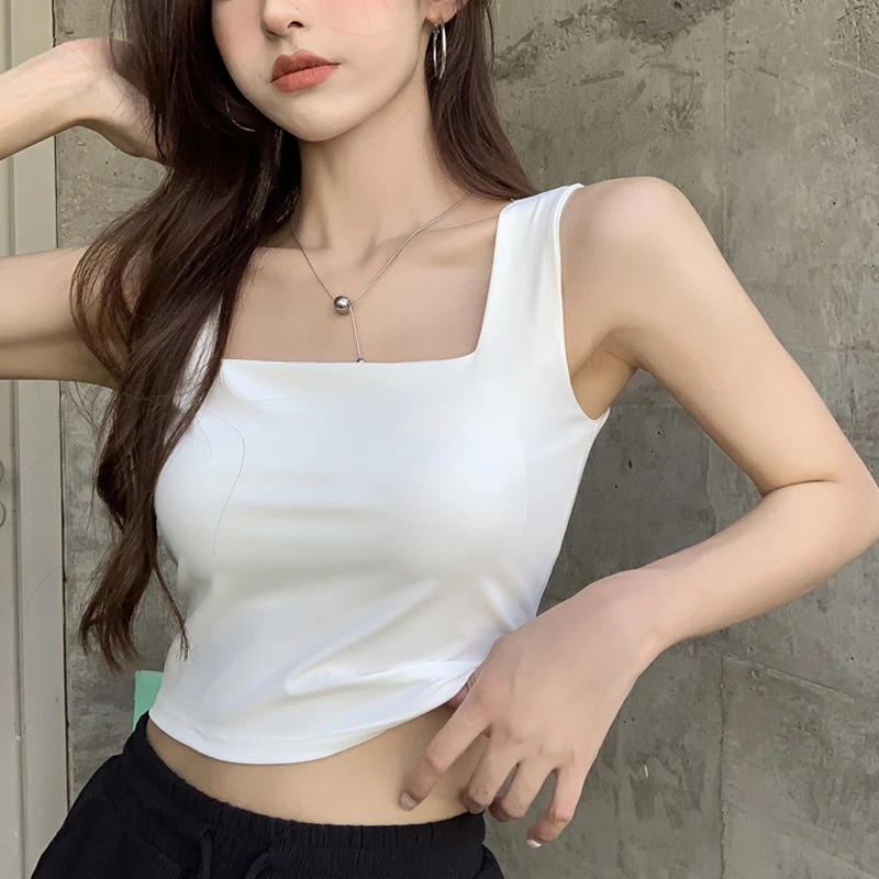 冰丝方领宽肩吊带背心女带胸垫运动外穿夏季内搭露脐短款打底上衣