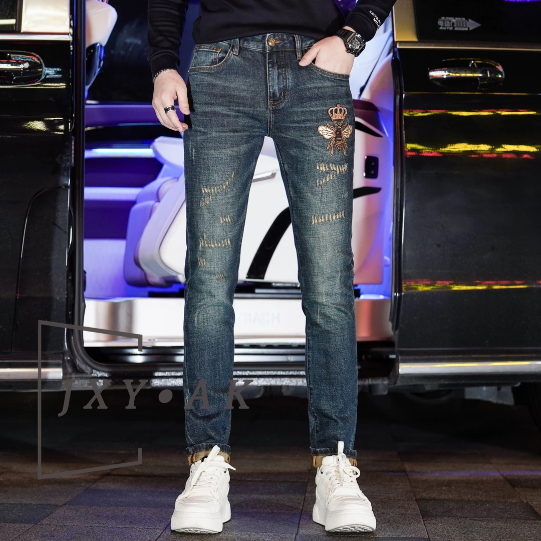 AK/2024秋季新款高端男士时尚潮流修身复古磨毛重工修身牛仔裤