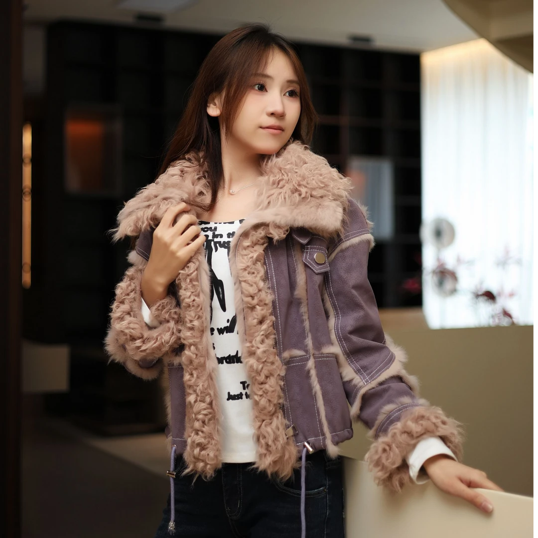 海宁设计师皮毛一体气质时尚短款轻奢网红女士外套牛仔30355