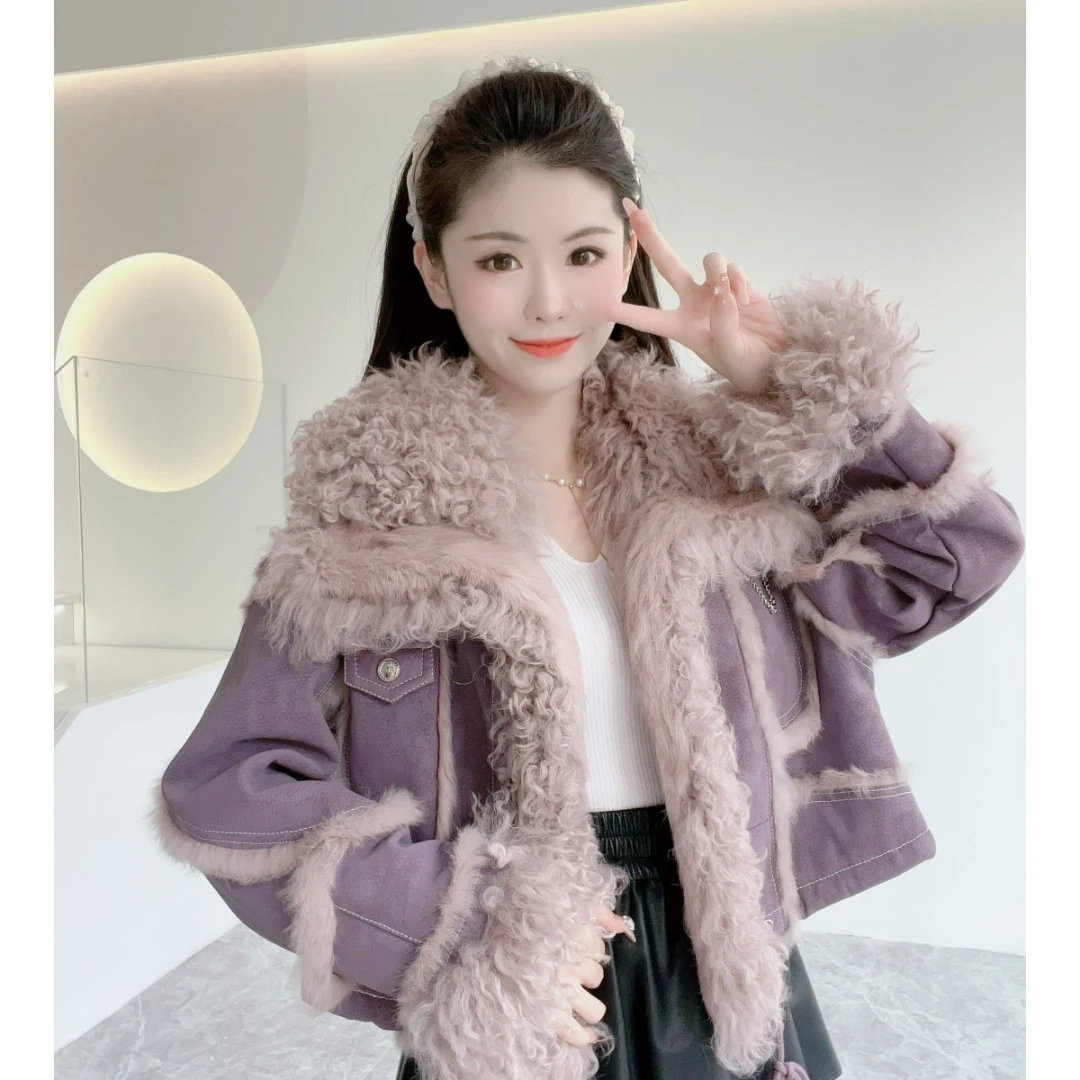 海宁设计师网红气质羊毛领百搭时尚短款皮草外套加厚牛仔轻奢秋冬