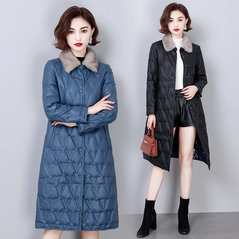 2025海宁真皮皮衣绵羊皮羽绒服女中长款大码皮衣加厚水貂毛领外套