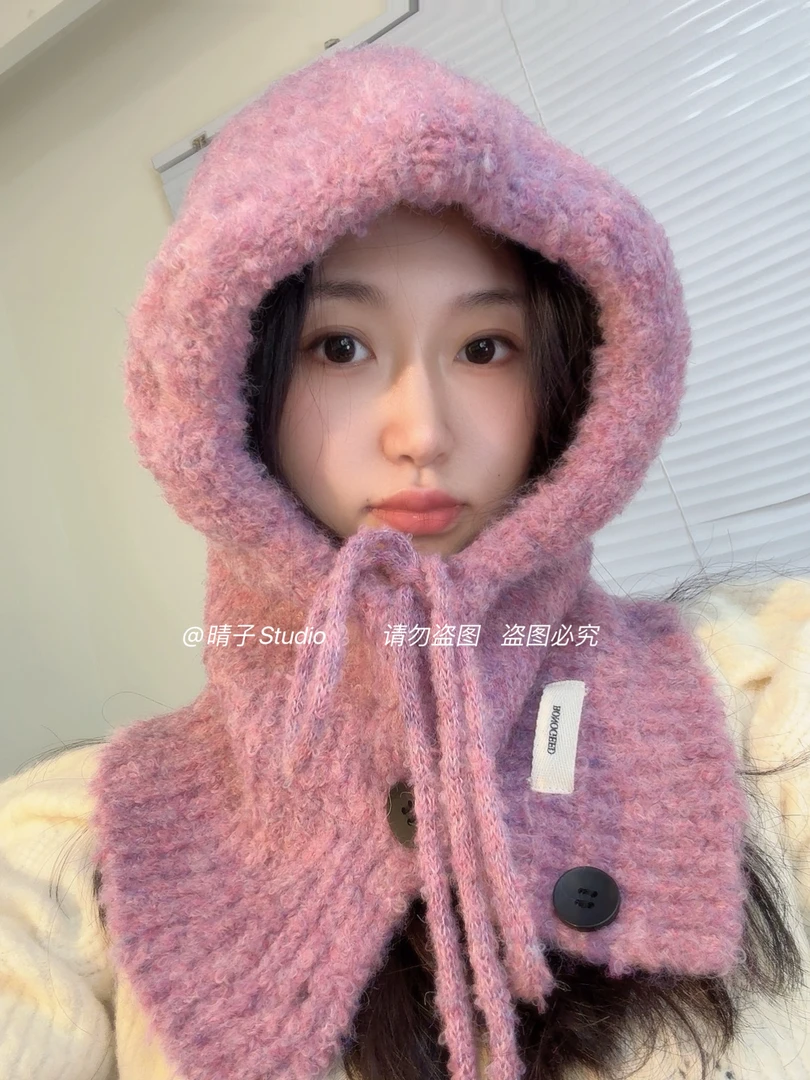 晴子 定制扎染大头围巴拉克拉法帽羊毛混纺针织帽围脖一体护耳帽
