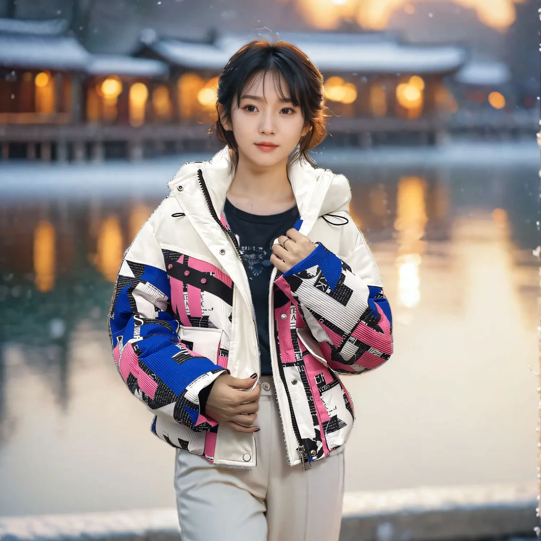 短款棉服女冬季2025新款设计感时尚撞色小个子白鸭绒加厚印花外套