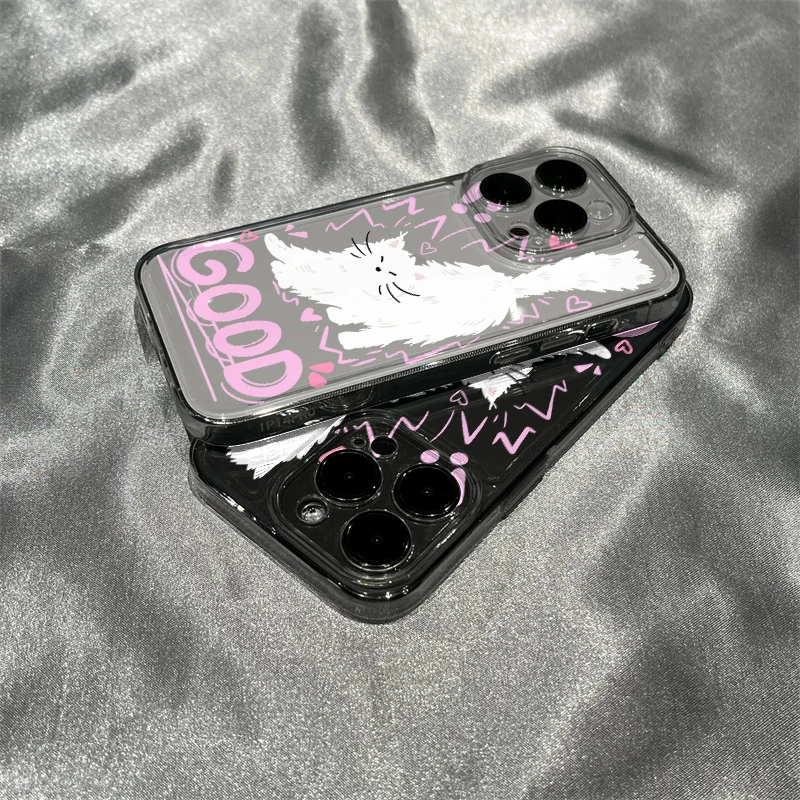 伸懒腰小白猫iPhone15/14/13可爱少女粉vivo华为oppo苹果15手机壳