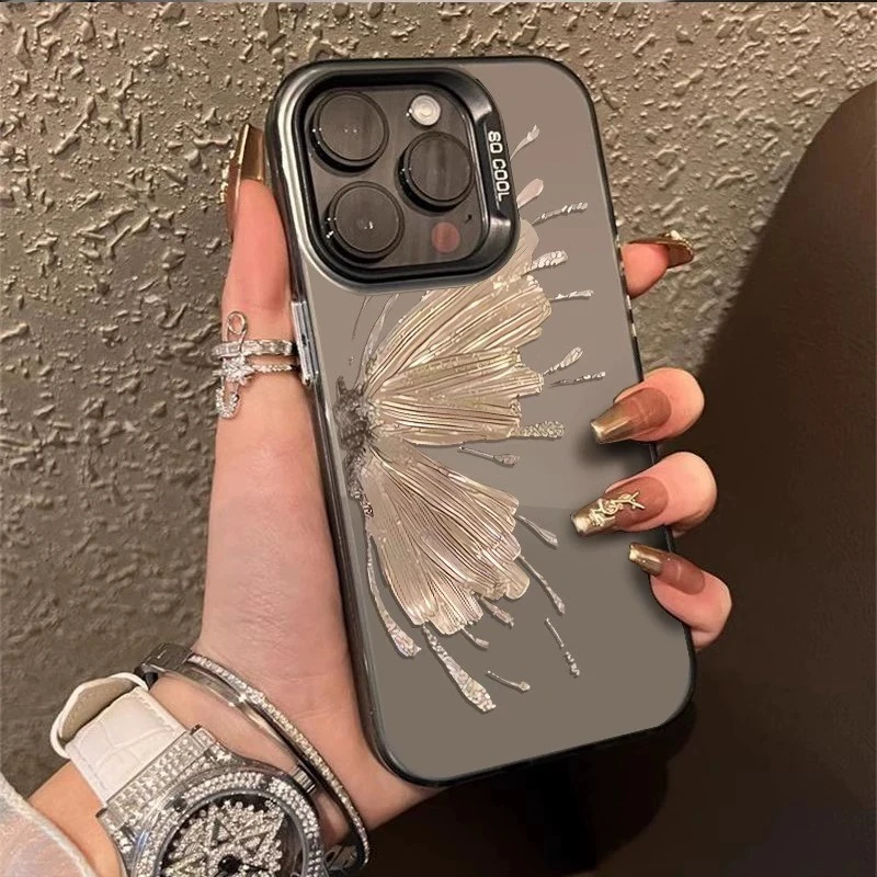ins风高级感银灰色金箔蝴蝶苹果15promax手机壳iphone13小众12/11