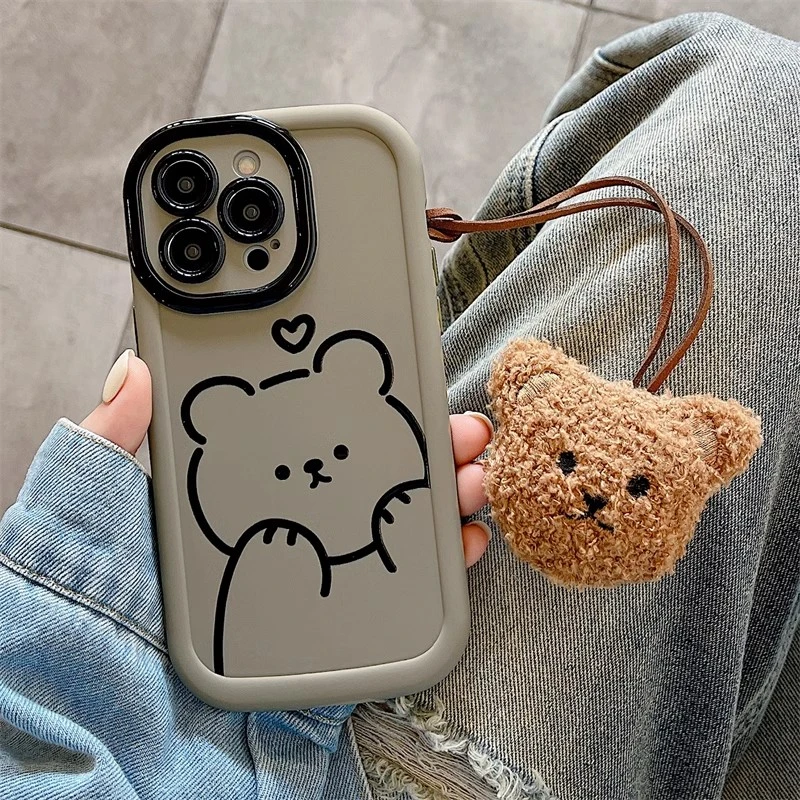 可爱熊卡通适用苹果/华为/小米/oppo/vivo手机壳新款带挂绳保护套