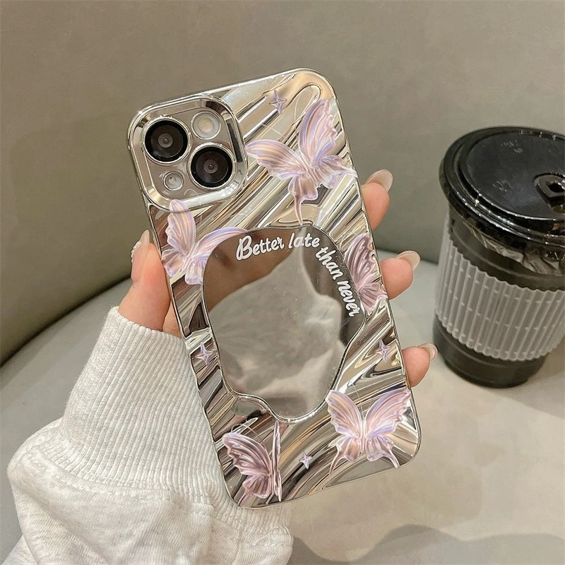 粉色蝴蝶镜面高级感iPhone15ProMax手机壳适用苹果13新款12软硅套