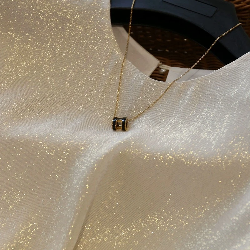 春夏秋新款微喇袖重磅烫金丝上衣女套头金色宽松高档衬衫气质衬衣