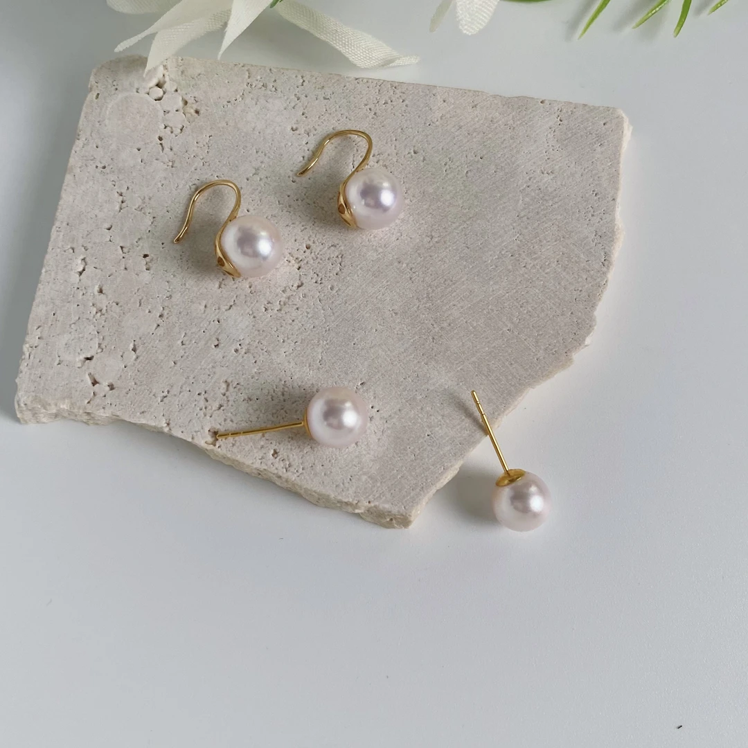 海水akoya珍珠7.5-8mm耳钉18K金空姐素钉高跟鞋系列（多样性发一对