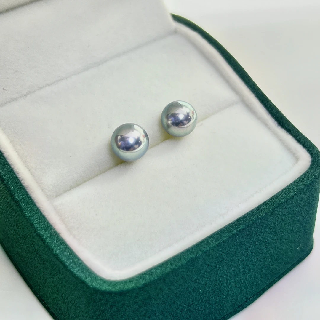 海水真多麻耳钉18K金正圆极强光炫彩天然海水akoya珍珠耳饰7-8mm