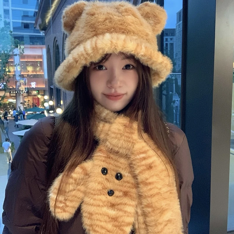 卡通毛绒绒可爱围巾女保暖虎纹小熊渔夫帽子护颈防寒围脖学生百搭