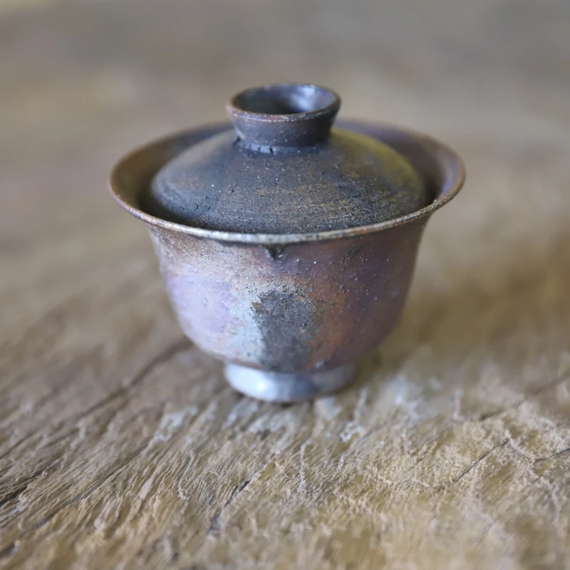 纯手工拉坯超薄款柴烧盖碗 自然落灰裸烧柴窑高温烧成侘寂古拙