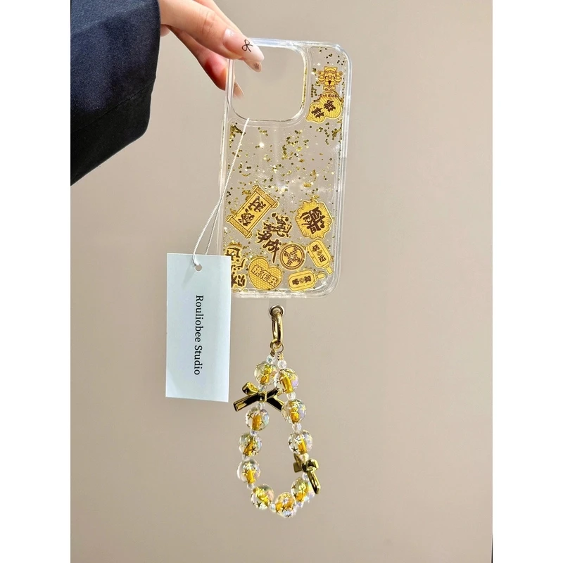 金箔财神桃花旺流动金闪粉适用iPhone16/15流沙手机壳13/14软12