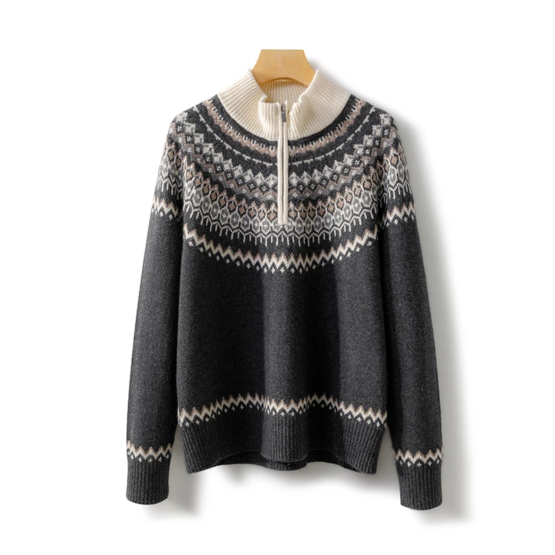 小禾同款！秋冬女式拉链半高领费尔岛图案打底衫 康赛妮AU系列