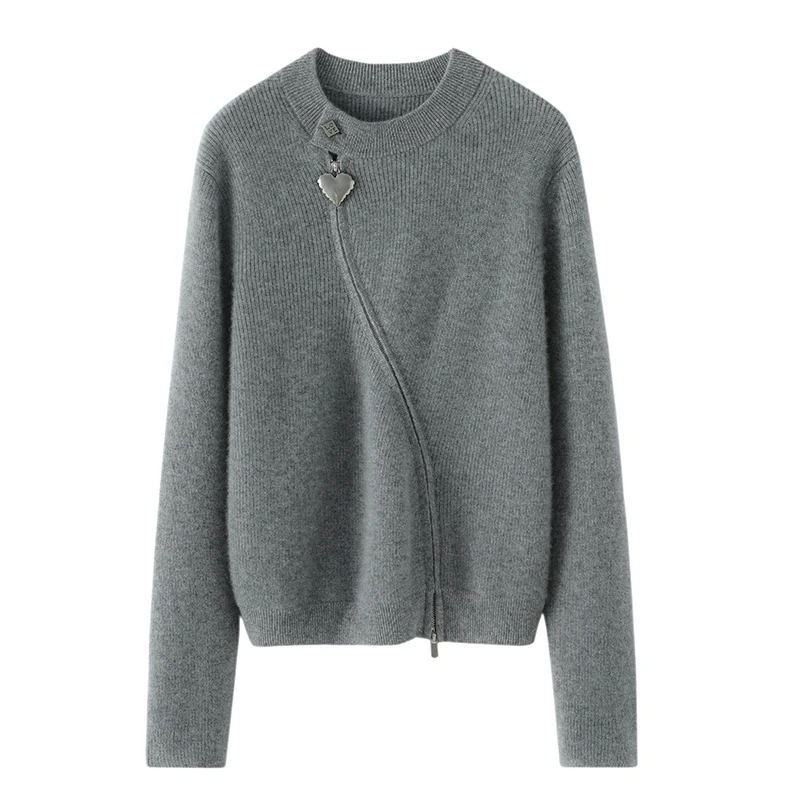 鄂家同款女士桃心拉链开衫针织羊绒开衫不规则拉链百搭圆领毛衣