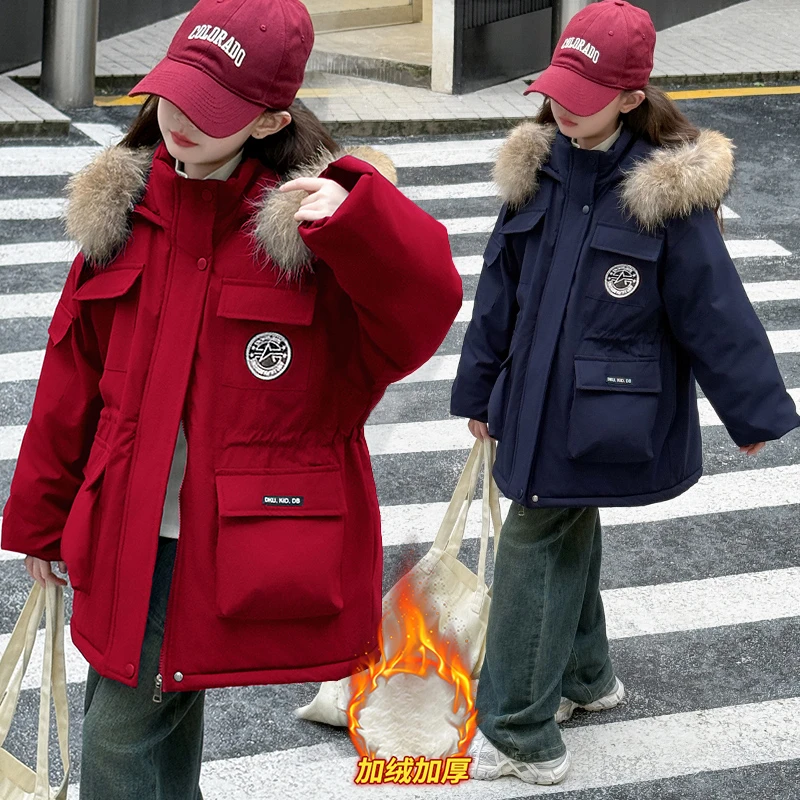 女童加绒派克服冬季2024新款毛领中长款棉衣儿童加厚连帽棉服外套