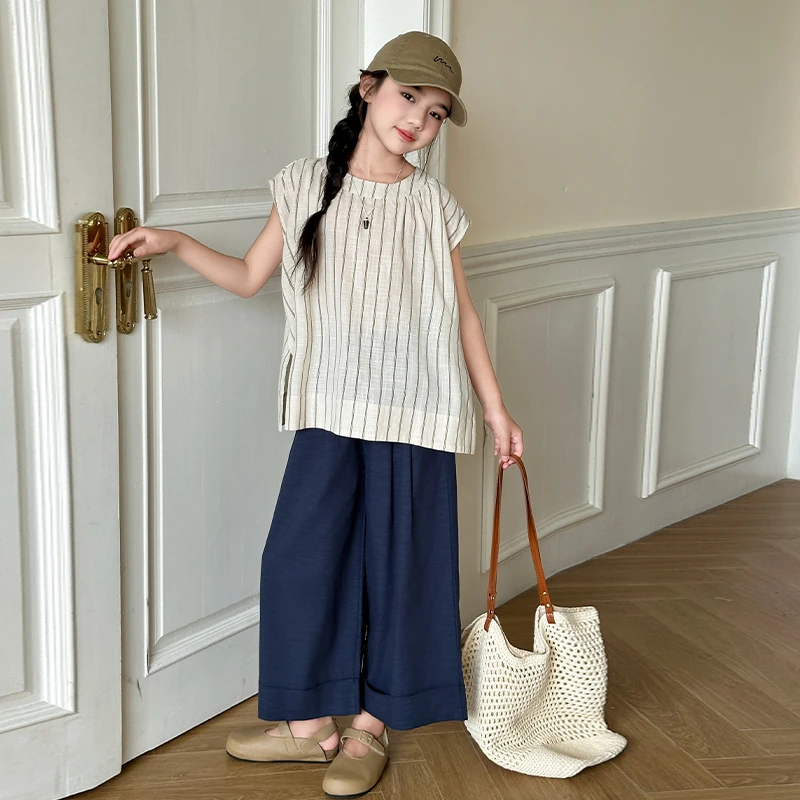 女童韩系慵懒风条纹无袖衬衫2024新款夏装中大童设计感时尚阔腿裤