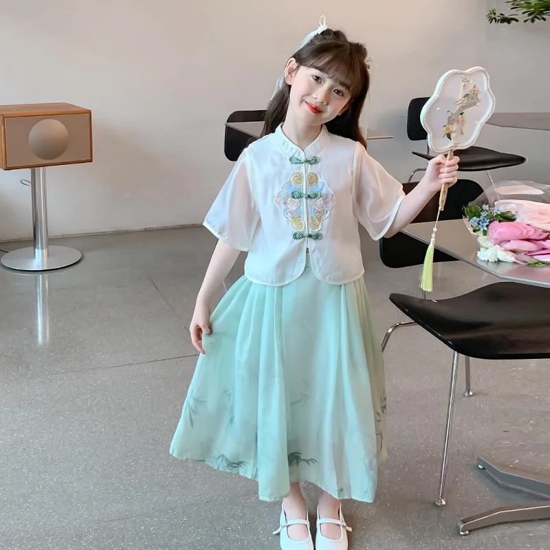 汉服女童马面裙套装夏季中国风6-12岁15岁小女孩民族风古风两件套