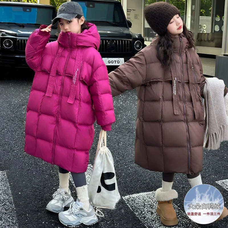 女童羽绒服2024新款冬装洋气儿童冬季白鸭绒女大童中长款过膝外套