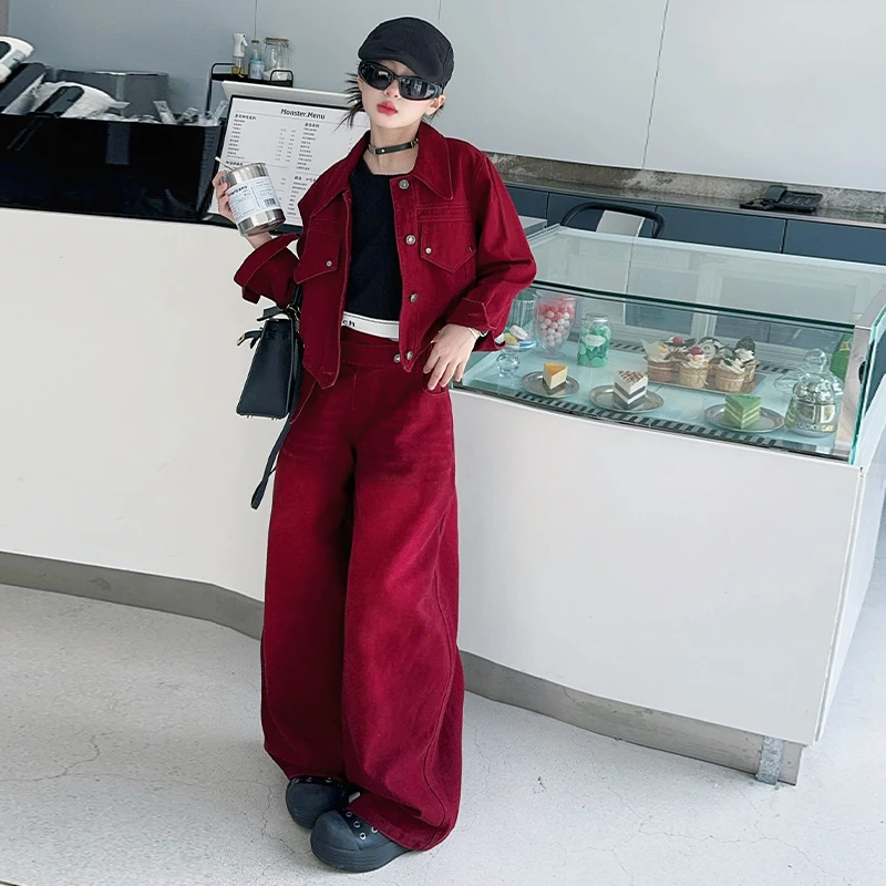 女童牛仔套装秋季2024新款网红韩版直筒阔腿裤两件套中大童洋气潮