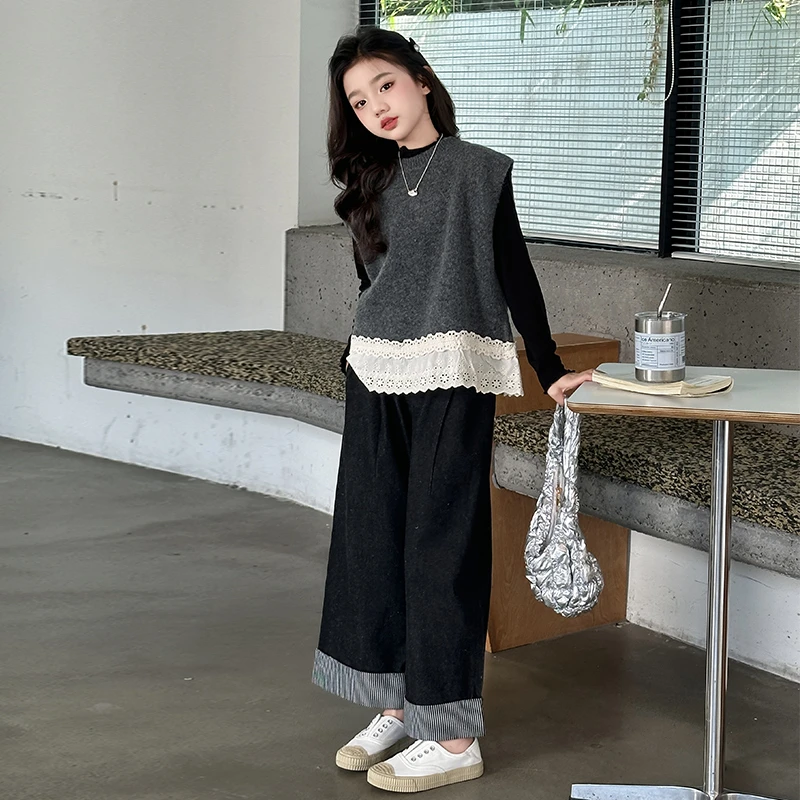 女童秋装时髦套装毛衣背心三件套中大童韩系网红牛仔洋气阔腿裤潮