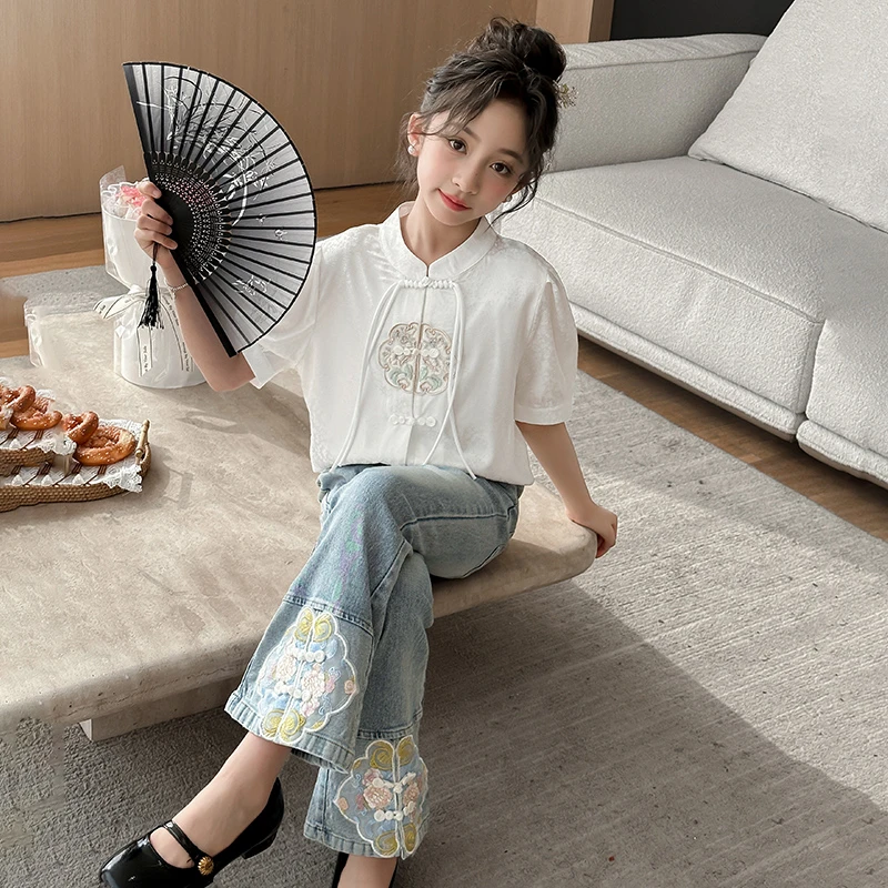 女童国风春夏套装洋气儿童装微喇裤夏季中大童新中式衬衫两件套