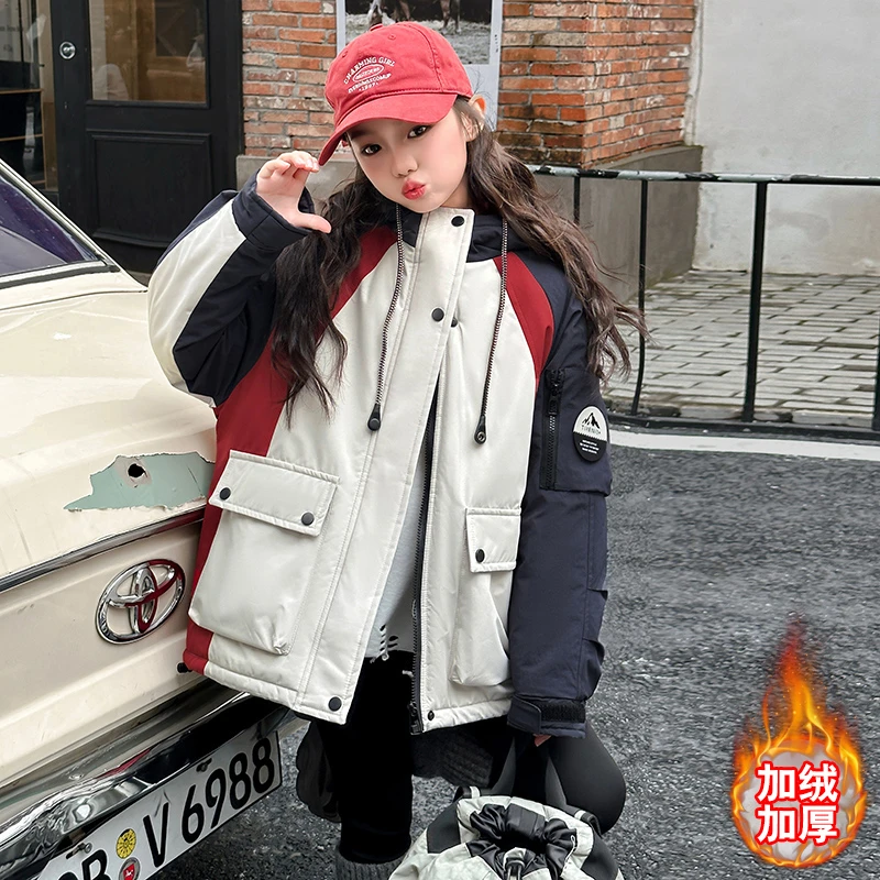 2024冬季女童新款加绒加厚保暖外套韩版女孩中大童休闲时尚童装潮