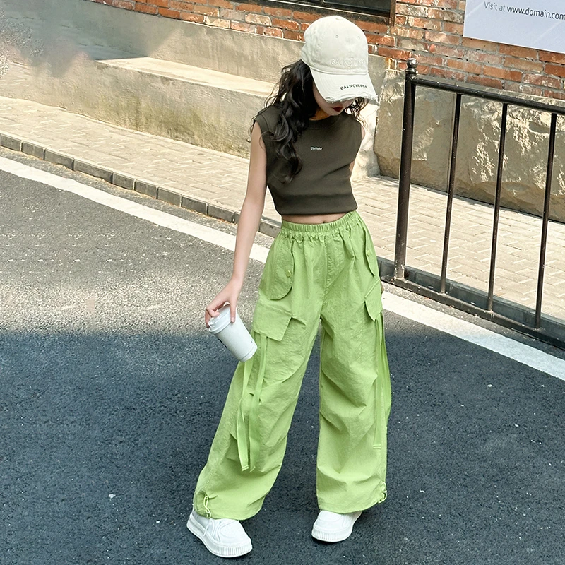 女童工装裤夏季2024新款中大童嘻哈街舞炸街宽松休闲阔腿裤子薄款