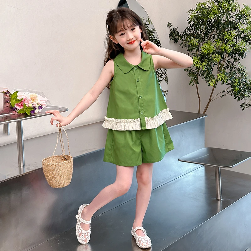 女童套装夏季新款时尚百搭无袖花边薄款上衣洋气休闲短裤两件套潮