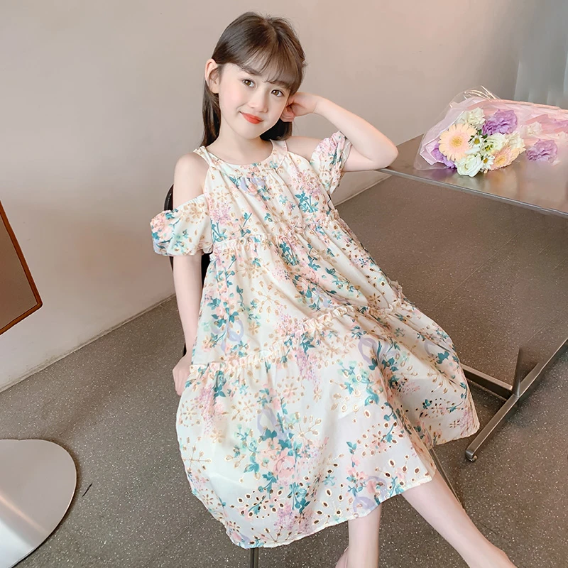 女童碎花连衣裙夏季爆款儿童洋气露肩裙2024夏装新款中大童公主裙