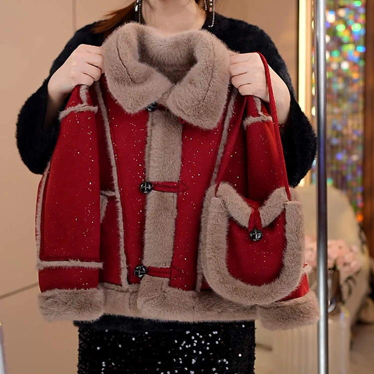 女童皮毛一体加厚外套秋冬2024新款翻领拼接撒银上衣加绒红色年服