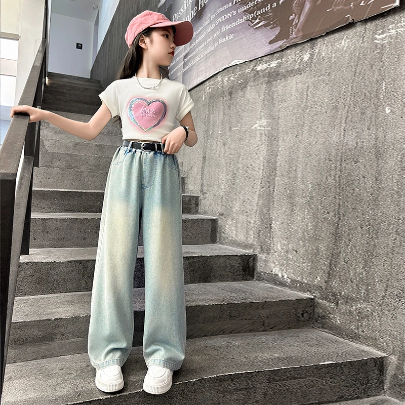 女童网红时髦短袖t恤夏装2024新款休闲裤夏季大童儿童直筒阔腿裤