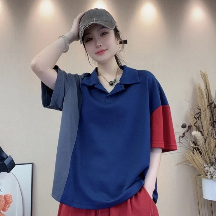 5189#休闲咖色夏季拼接POLOT恤