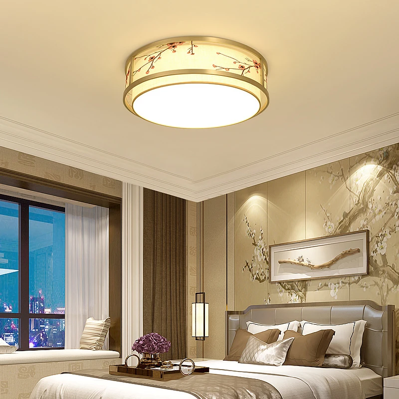 全铜新中式卧室吸顶灯禅意创意布艺刺绣客厅别墅家用书房圆形灯具