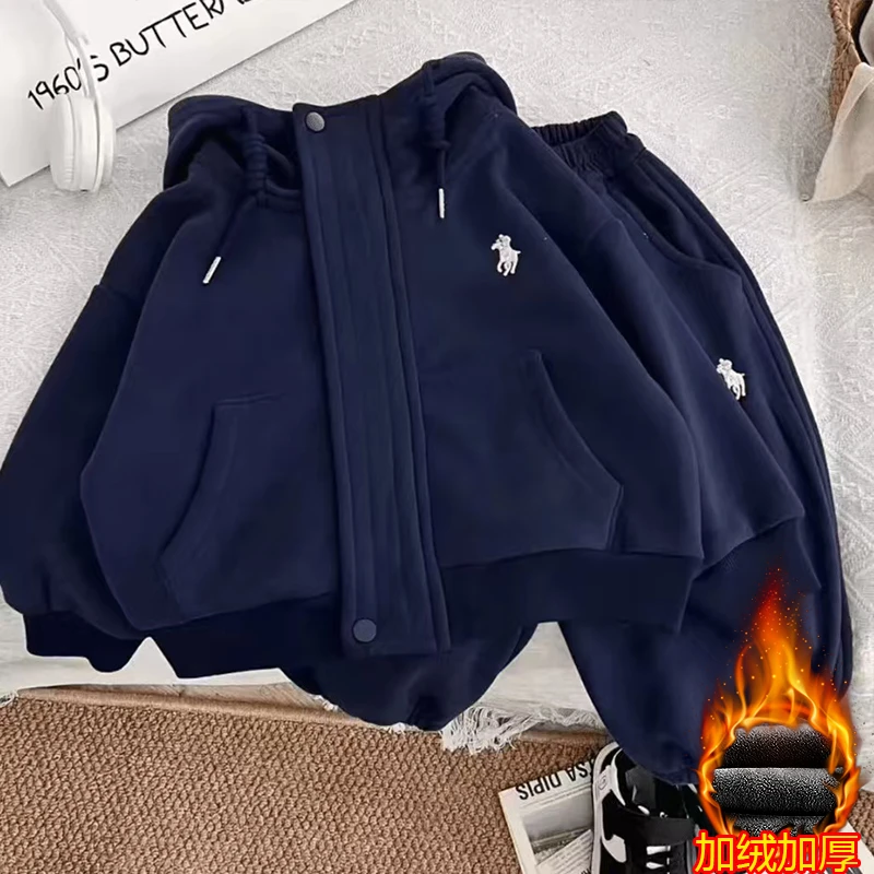 儿童连帽男童套装2024新款运动休闲加绒加厚卫衣宝宝两件套洋气潮