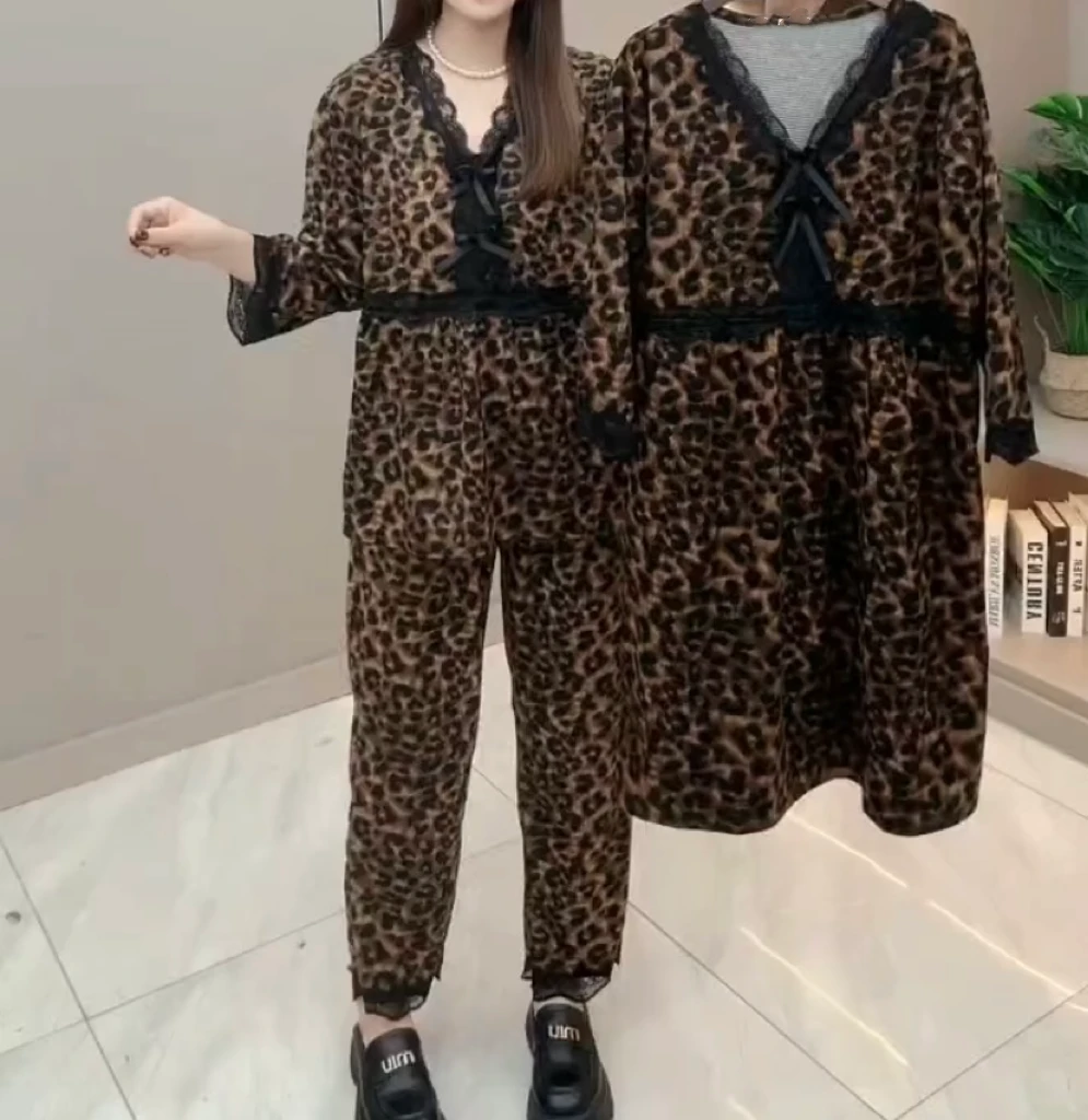 家居服套装女秋冬本命年德绒豹纹天生遮肉洋气显瘦两件套睡衣9086