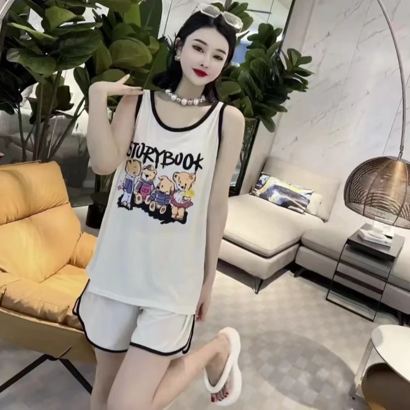 夏款新款冰丝螺纹弹力家居服女套装舒适透气卡通宽松显瘦套头睡衣