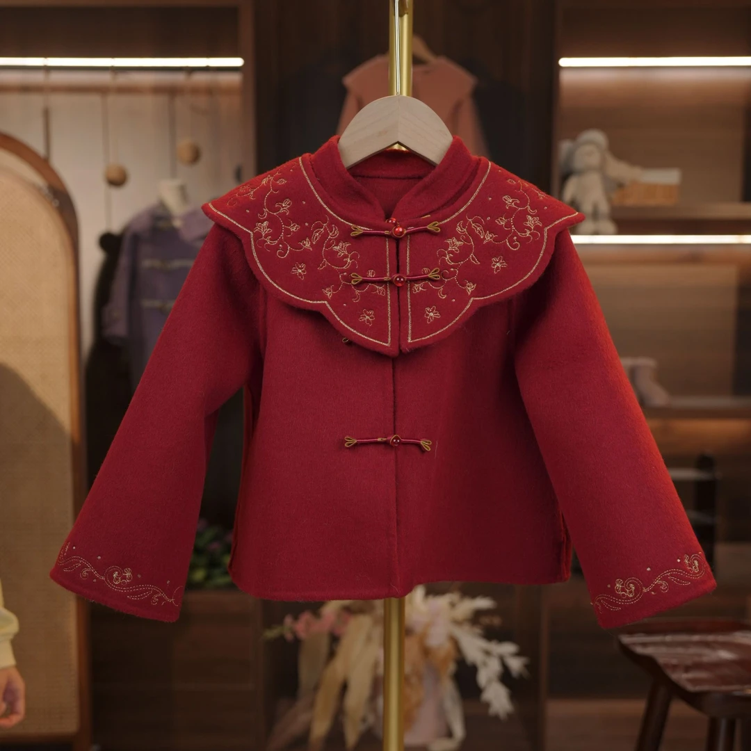 纯手工秋冬中式儿童女童喜庆绵羊毛毛呢拜年服套装 DY231215